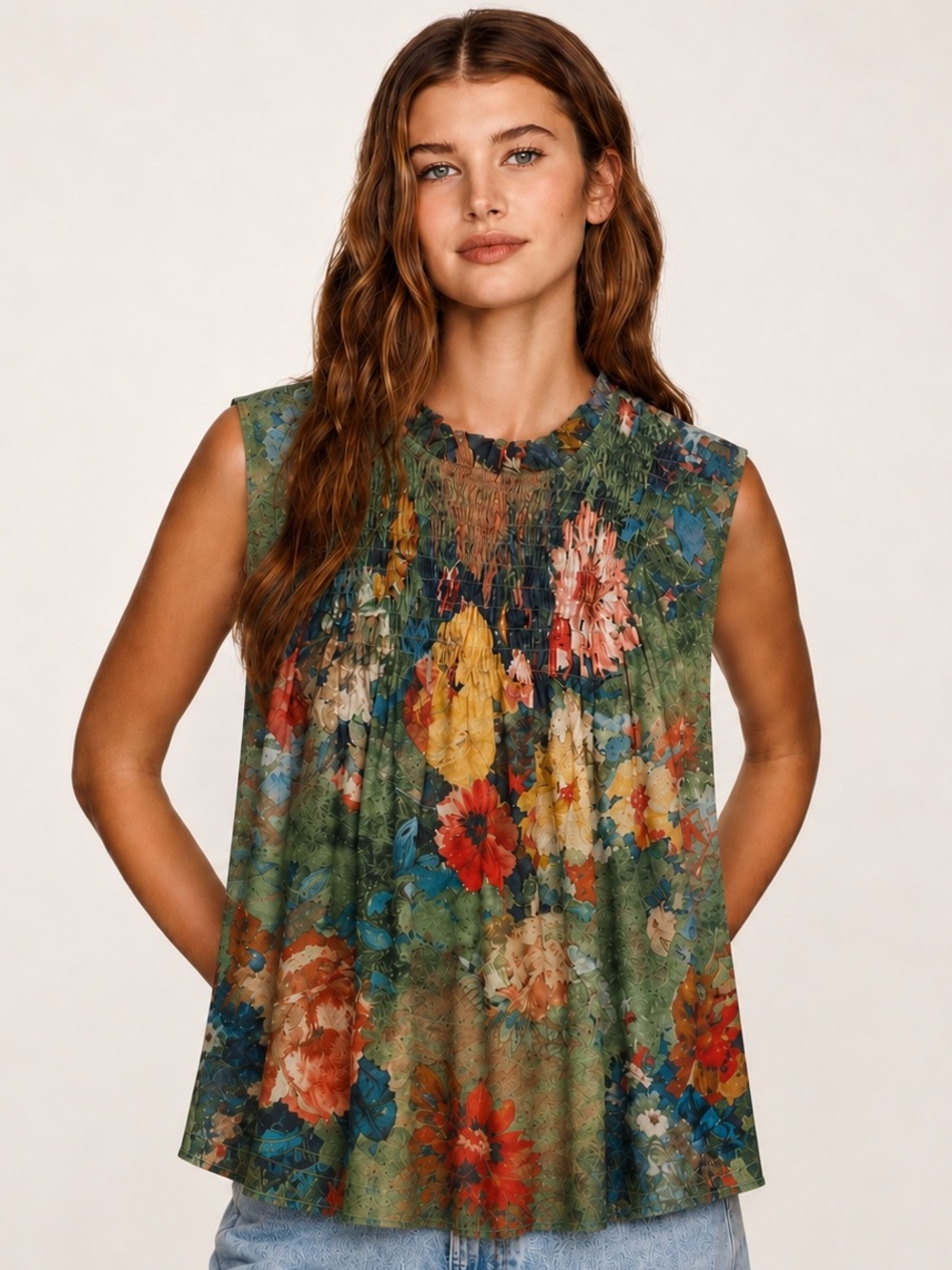 Anthropologie Deletta NWT Floral Smocked Sleeveless Blouse Top Small